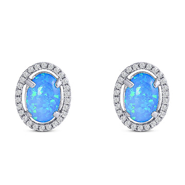 Halo Art Deco Oval Stud Earring Simulated Cubic Zirconia Created Blue Opal Solid 925 Sterling Silver (15mm)